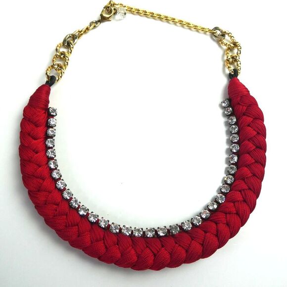 Red Braided Bib Statement Necklace Rhinestone Sparkly Gold Tone Chain Chunky - Picture 1 of 9